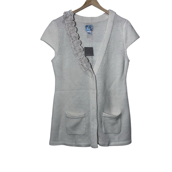 Anthropologie Tabitha 100% Wool Cream Knit Vneck Cap Sleeve Cardigan Size Large - Picture 1 of 6